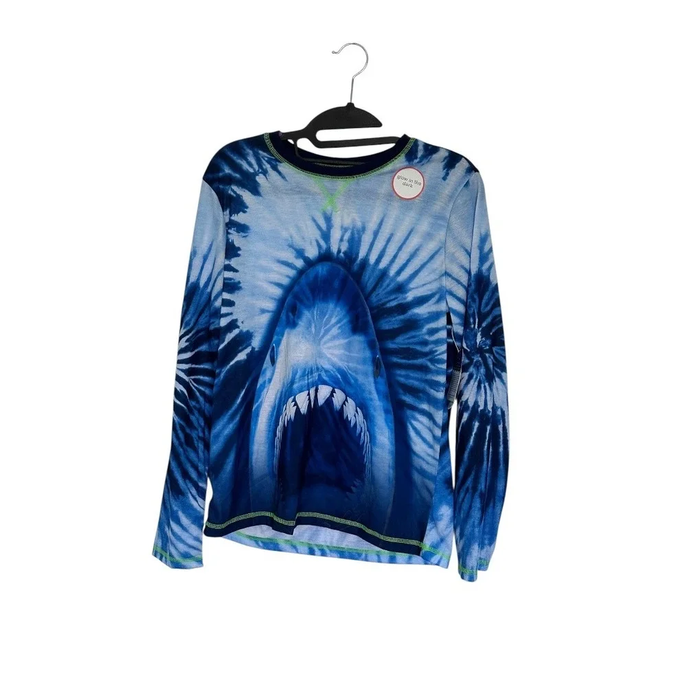 Wonder Nation Shark Pajama Top Kids XL 14-16 Blue Tie Dye New Glow in the Dark
